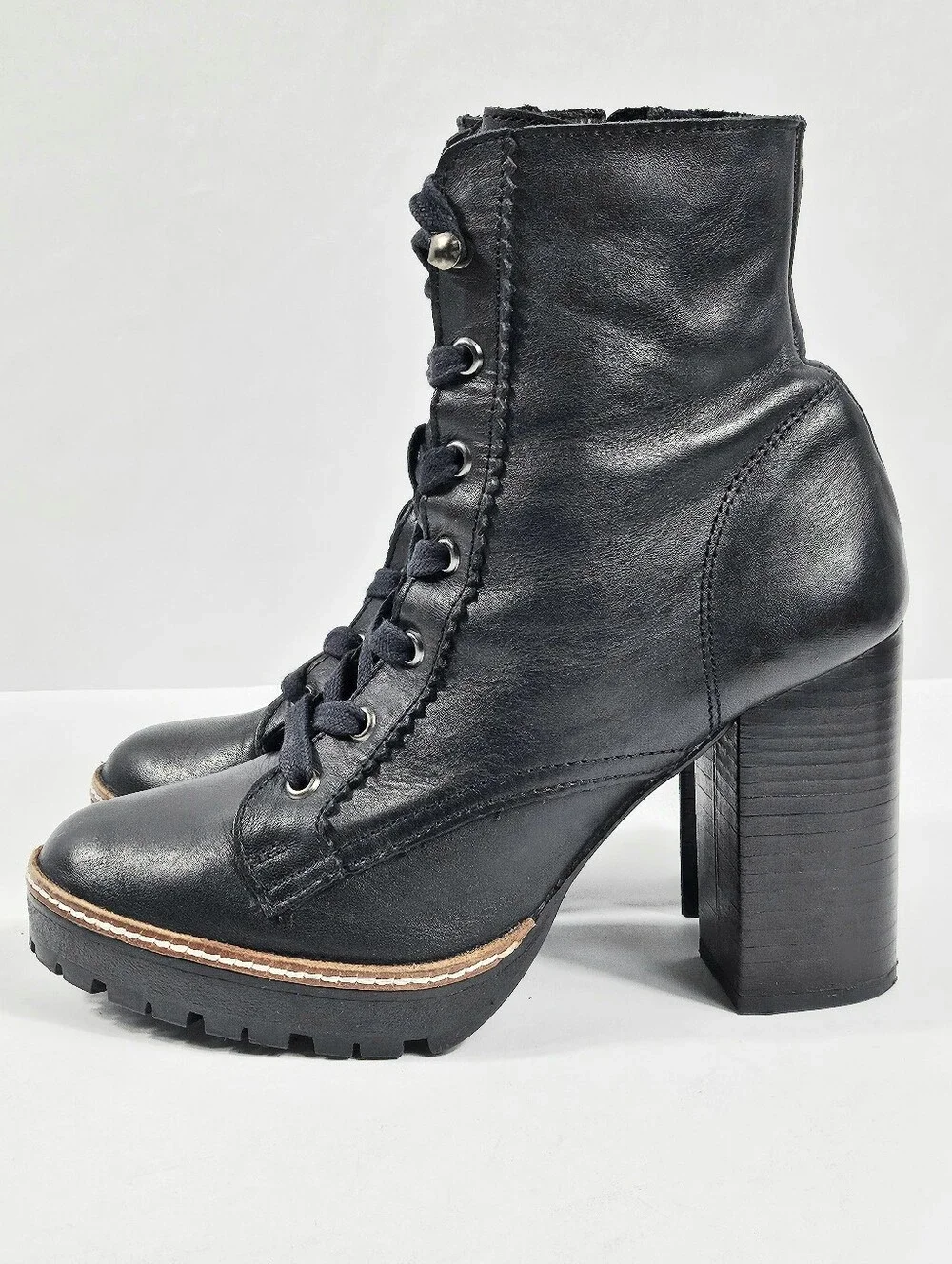 Chelsea & Violet Lexie Black Leather Lace-Up Block Heel Lug Sole Ankle Boot - Picture 5 of 16